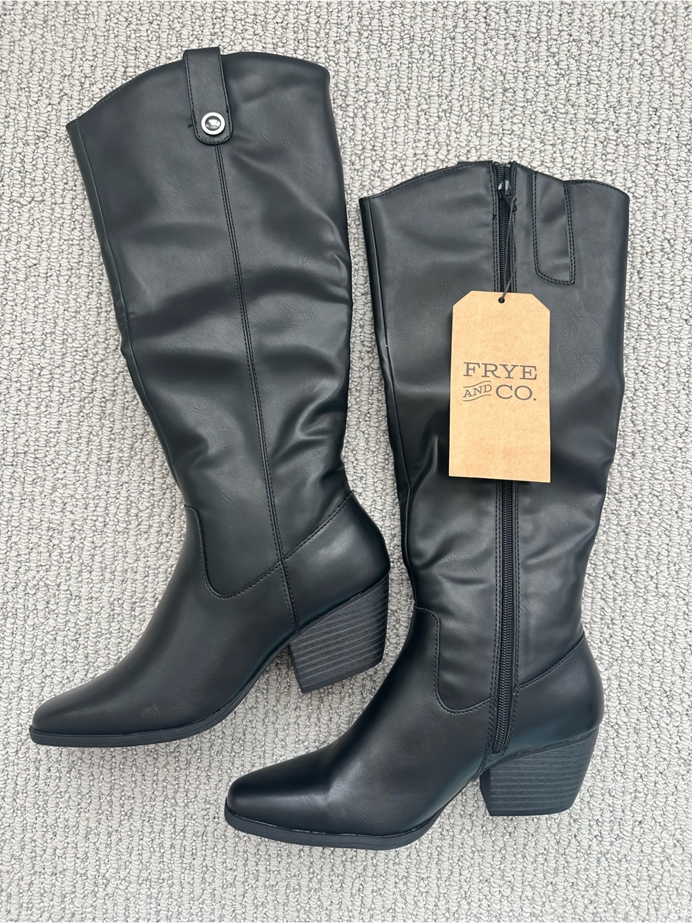 FRYE AND CO. Black Leather Mid-Calf Block Heel Boots